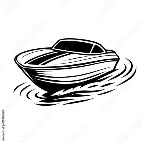 speed boat cornering on water, quarter front view, dynamic and minimalist linework