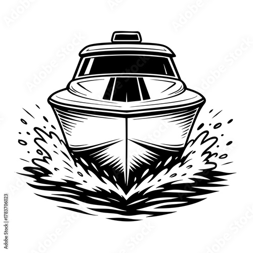 powerboat seen from front view, strong perspective and water motion effects