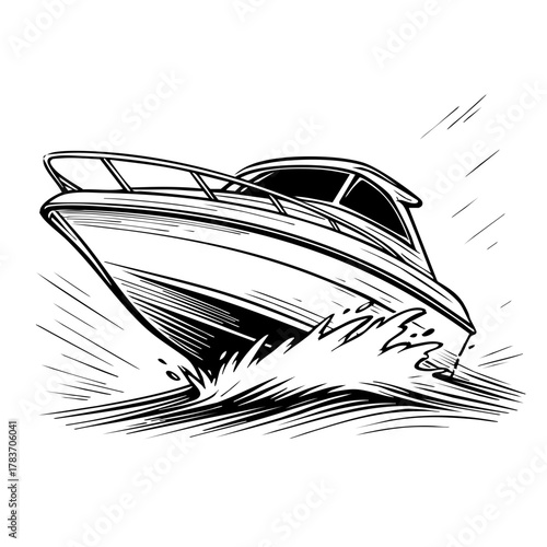 speed boat seen from low angle, water spray and motion lines