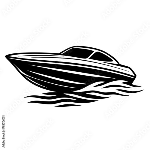 high-speed boat gliding over waves, side-to-front angle, aerodynamic hull details