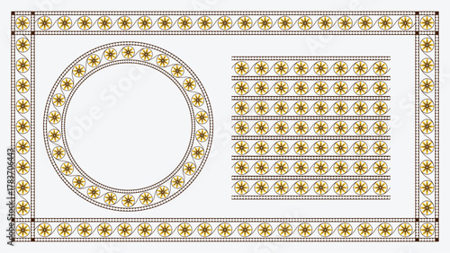 Elegant ornamental border with circular and rectangular patterns, showcasing intricate golden floral motifs on a neutral background.