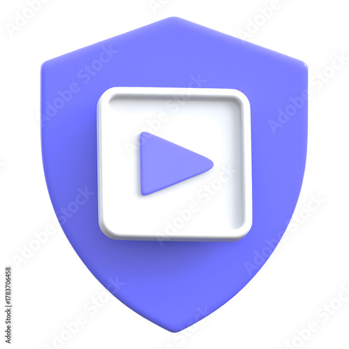 Video protection shield symbol with play button flat 3D icon
