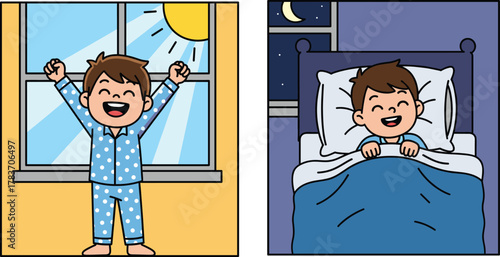 Child daily routine, morning wake up, night bedtime, day and night cycle, kids lifestyle, healthy habits, sleep schedule, illustration, education, activity
