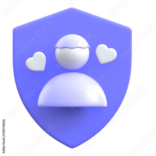Customer protection concept shield with user and hearts flat 3D icon