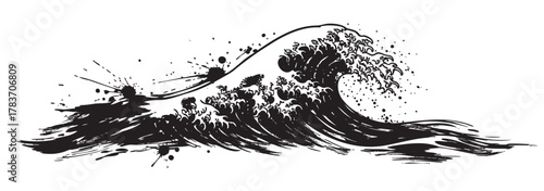 Black and white artistic depiction of a powerful ocean wave with intricate spray details and dynamic movement.
