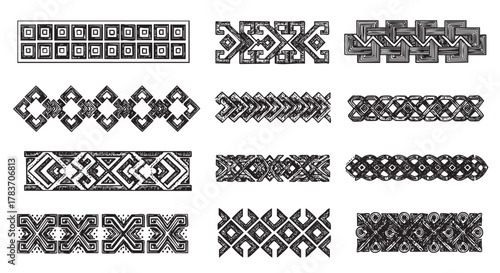 A collection of twelve intricate black and white geometric patterns, showcasing a variety of symmetrical and abstract designs in rectangles and interlocking shapes.