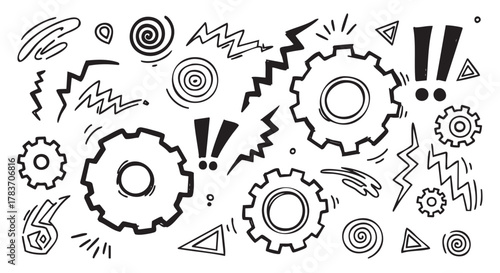 Black and white chaotic doodle art with various hand-drawn gear wheels, zigzags, spirals, and exclamation marks creating an energetic and abstract composition.