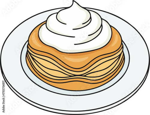 Puff Pastry with Mascarpone Cream on Plate Vector Illustration