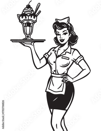 Black and white illustration of a young caucasian female waitress wearing a uniform, holding a sundae on a tray, with a cheerful expression.