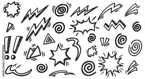 Hand-drawn doodles of exclamation marks, lightning bolts, spirals, triangles, and starbursts in black on a white background.