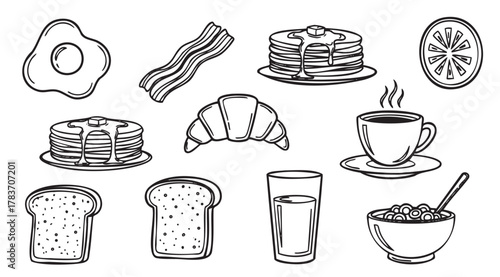 Black outline icons of various breakfast foods including eggs, bacon, pancakes, toast, croissant, coffee, cereal, and a glass of juice.