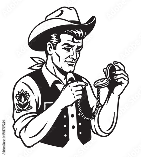 A black and white illustration of a caucasian adult male cowboy holding a pocket watch. the cowboy has distinctive facial features and is wearing a traditional hat and vest.