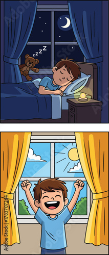 Child daily routine, sleeping at night, waking in morning, day and night cycle, kids lifestyle, healthy habits, bedtime, wake up, cartoon, illustration