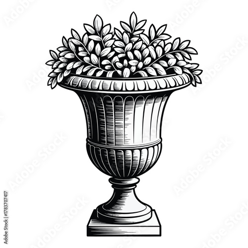 Ornate vintage urn filled with lush greenery botanical illustration