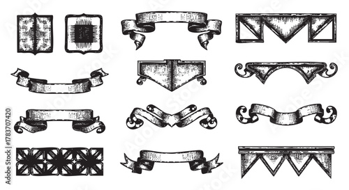 Collection of twelve black and white vintage banners and ribbons in various ornate styles, showcasing intricate patterns and decorative elements.