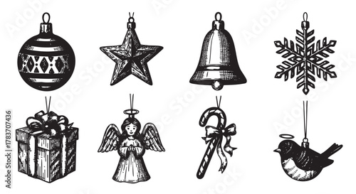Black and white hand-drawn christmas ornaments including a bauble, star, bell, snowflake, gift box, angel, candy cane, and bird with a halo hanging.