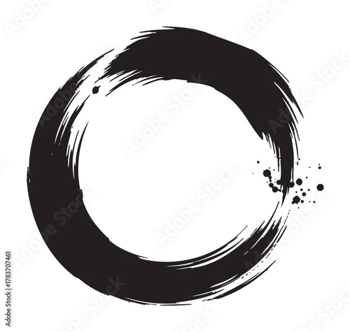 Bold black enso circle with brush-like strokes and splatters, symbolizing zen and mindfulness in a minimalist design.