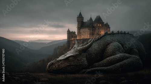 Gigantic Sleeping Dragon Resting at Base of Medieval Castle in Mystical Landscape