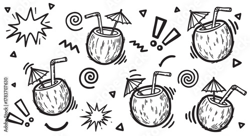 Hand-drawn black and white pattern of coconuts with straws and umbrellas, surrounded by whimsical exclamation marks and swirls.