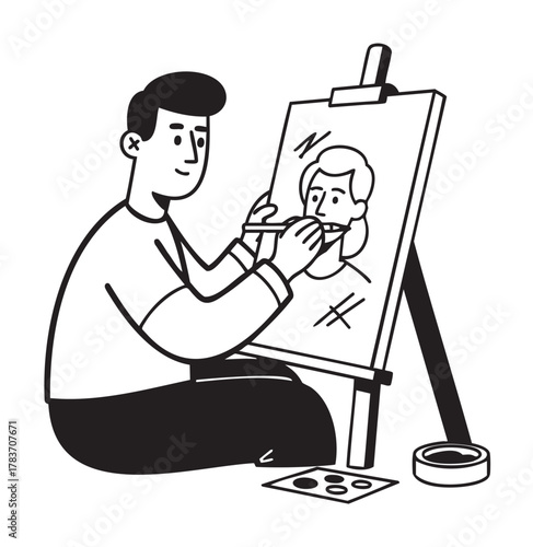 Black and white illustration of a young caucasian male artist painting a female portrait on a canvas with brushes and paints.