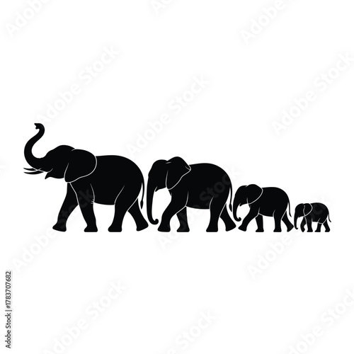 Silhouette of a family of elephants walking in a line