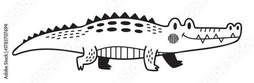 Black outline illustration of a cartoon crocodile with patterns on its back and a friendly smile.