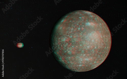 3D anaglyph image of Callisto and Jupiter. Includes NASA data. View with red/cyan glasses.