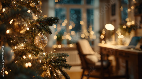 Close-up Christmas tree with glowing lights beside cozy home office at night