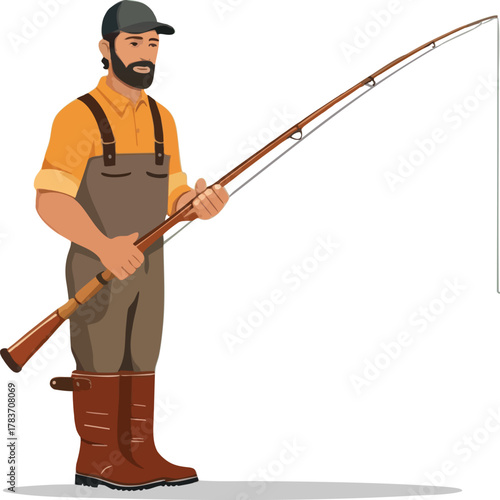 Fisherman Holding Fishing Rod in Sturdy Boots
