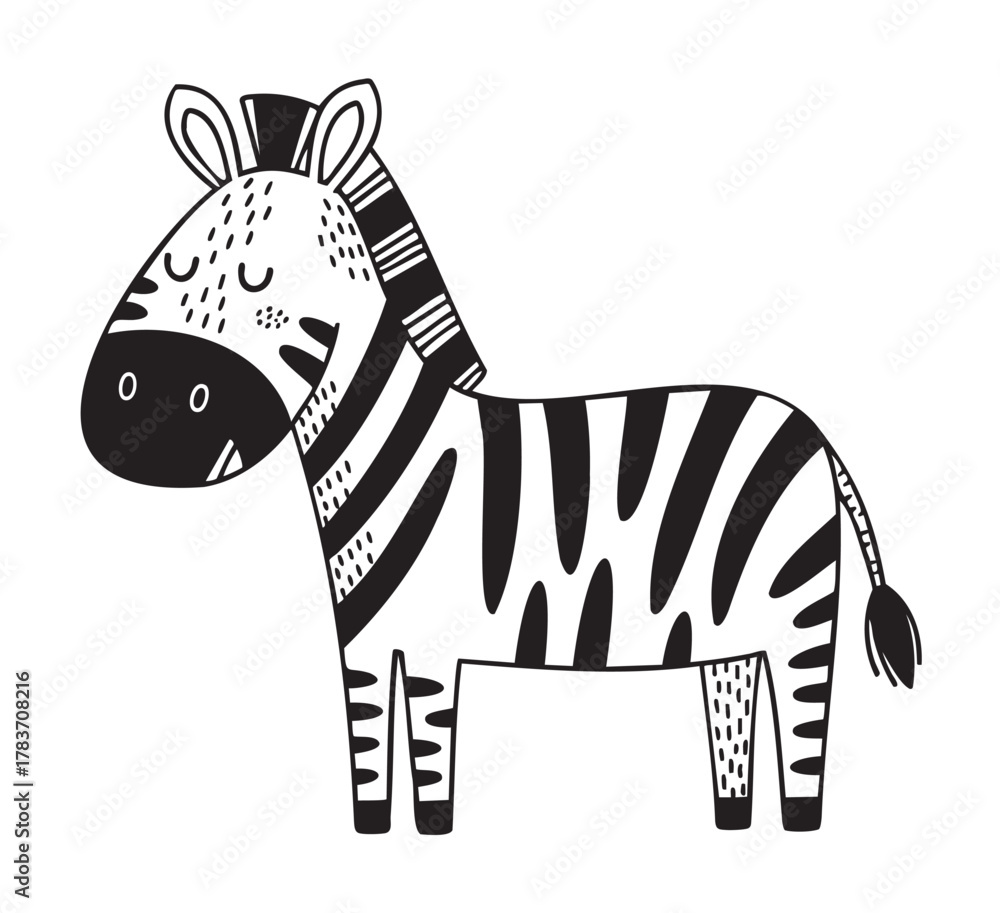 Naklejka premium Black and white cartoon illustration of a zebra with bold stripes and a simplistic design, facing left on a plain background.
