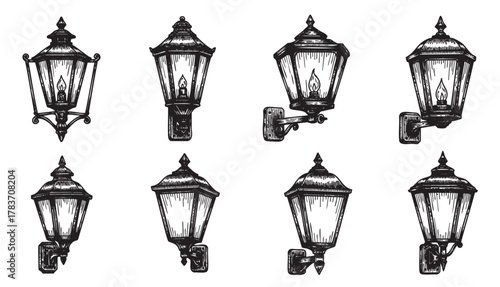 Black and white ink drawings of vintage wall-mounted lanterns with intricate details, showcasing various classic designs.