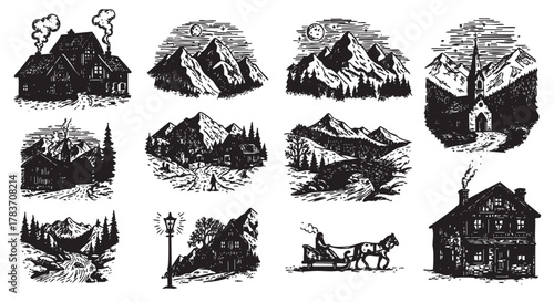Hand-drawn black and white illustrations depicting various rural and mountainous landscapes, including houses, mountains, a chapel, and a horse-drawn carriage.