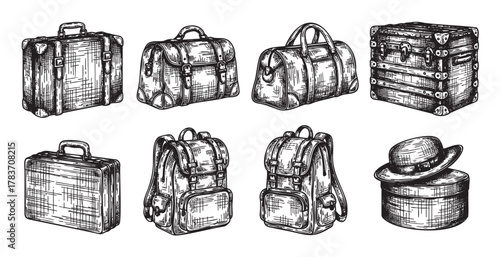 Eight vintage-style luggage items and hats illustrated in detailed black and white sketches, featuring suitcases, backpacks, and a hat box.