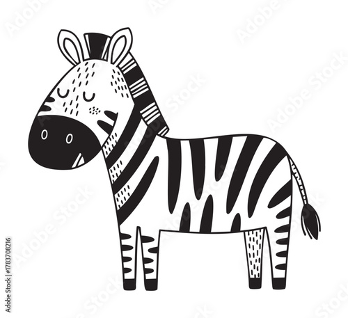 Black and white cartoon illustration of a zebra with bold stripes and a simplistic design, facing left on a plain background.