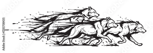 Three wolves dynamically running, with motion lines emphasizing speed and energy, depicted in a bold black and white sketch style.