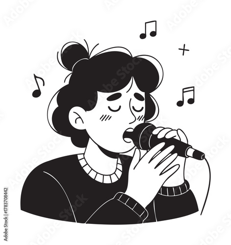 Black and white illustration of a young female singer with closed eyes, holding a microphone, and surrounded by musical notes.