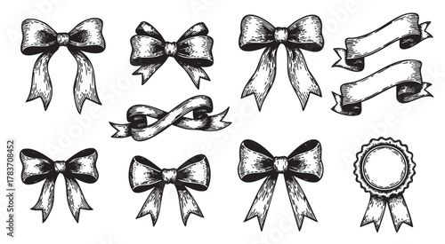 Detailed black and white sketch of various ribbon bows and banners, showcasing ornate designs for decorative and celebratory purposes.