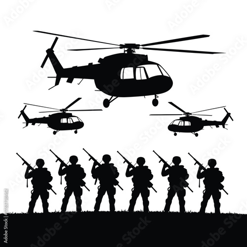 Military helicopters and soldiers in silhouette against a white background