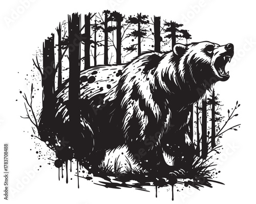 Black and white illustration of a fierce roaring bear surrounded by abstract trees, conveying a sense of wildness and power.