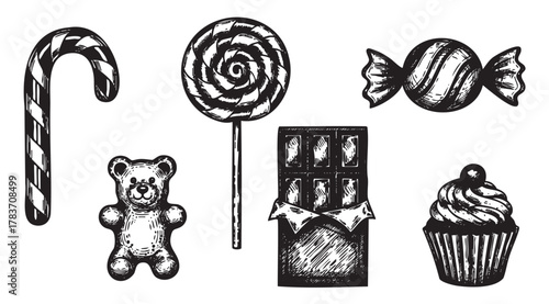 Black and white sketch of candy, including a candy cane, lollipop, wrapped candy, chocolate bar, gummy bear, and cupcake, capturing a nostalgic sweet theme.