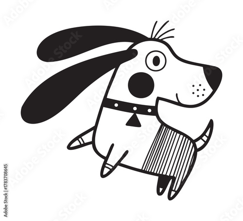 Black and white cartoon illustration of a playful dog with exaggerated features, including a large nose, floppy ears, and a spiked collar.