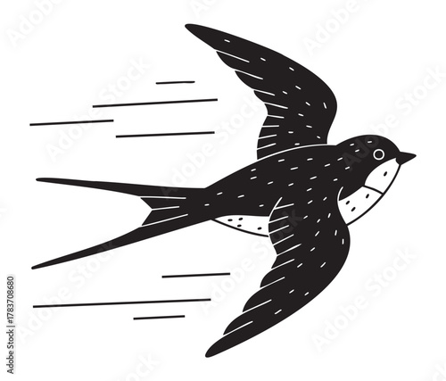 Black and white silhouette of a swift swallow in flight, with motion lines indicating speed and direction.