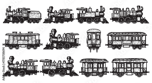 Various vintage steam locomotives and train carriages illustrated in detailed black outlines show diverse designs and structures.