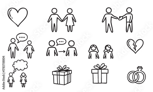 Hand-drawn black outline icons featuring a heart, couples, gift boxes, thought bubbles, speech bubbles, and wedding rings for love and relationships themes.