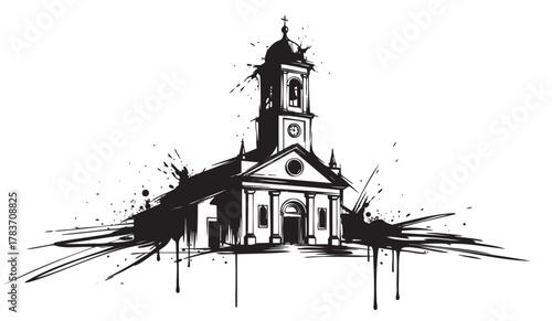 Black and white architectural sketch of a church with splattered ink detail, featuring a prominent bell tower and classical facade.