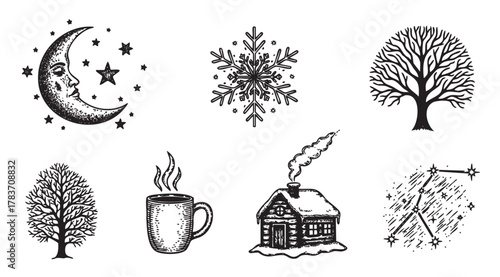 Black and white vintage-style illustrations featuring a crescent moon, snowflake, bare trees, steaming mug, snow-covered cabin, and a constellation.