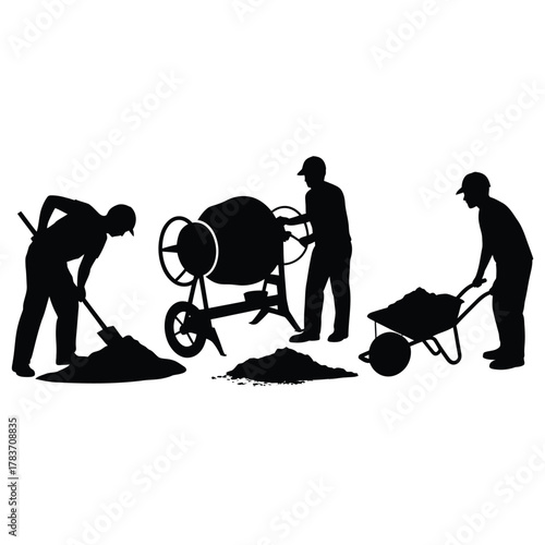 Construction workers operating a cement mixer and wheelbarrow