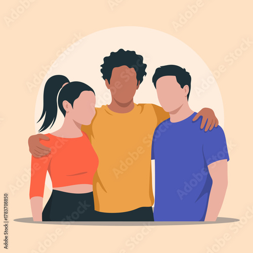 An illustration representing friendship with three diverse individuals posed together, symbolizing unity, acceptance, and the importance of community in our lives.