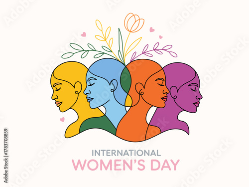 This vibrant illustration celebrates International Women's Day, showcasing diverse female profiles adorned with flowers, highlighting empowerment and unity.