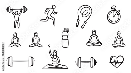 Black outline icons featuring various fitness activities and equipment including weightlifting, running, yoga, a water bottle, and a stopwatch.